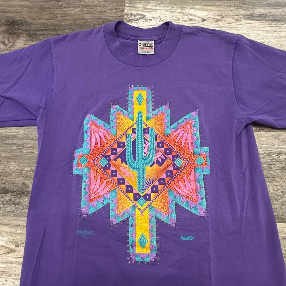 Vintage 90s Oneita Purple Men L Cactus Lizard Arizona Tribal Austin T-Shirt USA